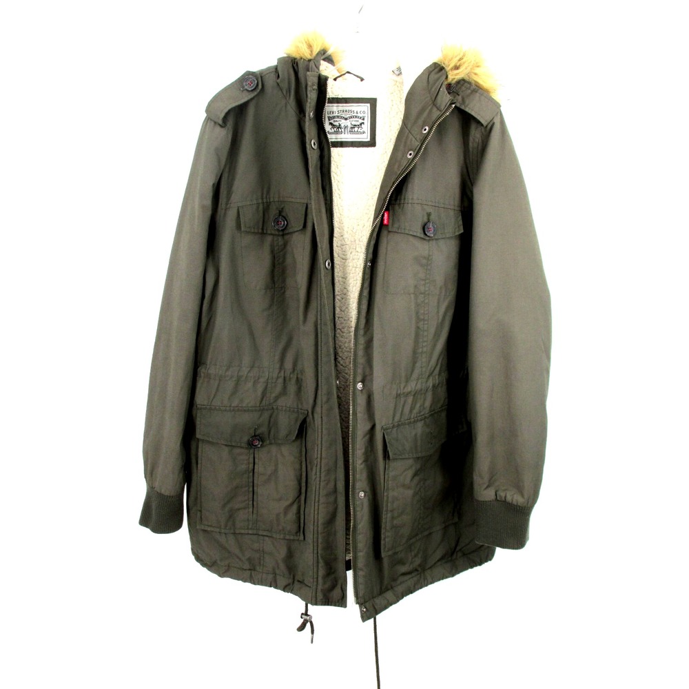 Levi Strauss Women XL Olive Green Hooded Fleece Parka Jacket Faux Fur Trim